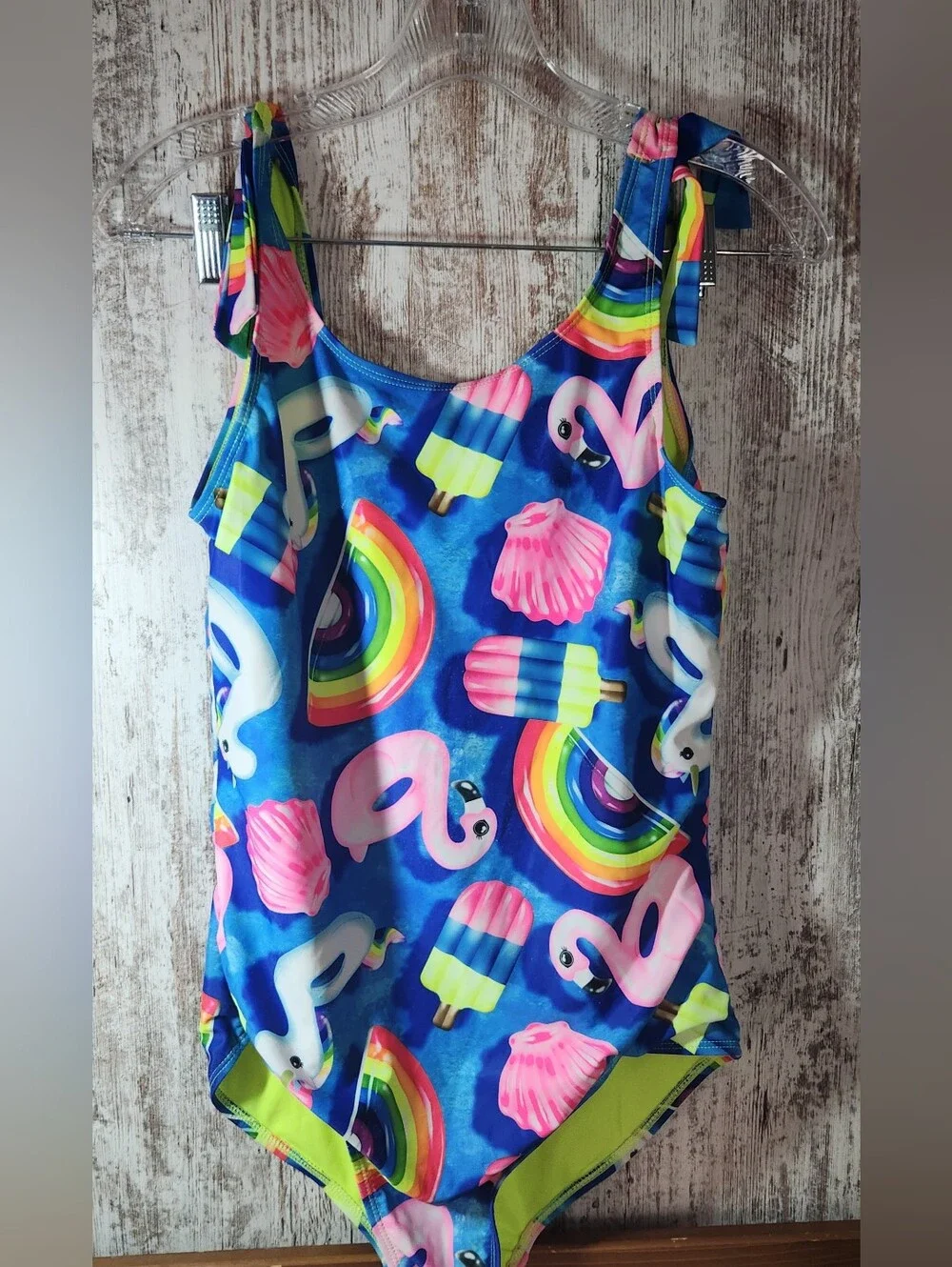 Justice Big Girl Blue Pool Floaty Rainbow Flamingo Popsicle One-Piece Swimsuit